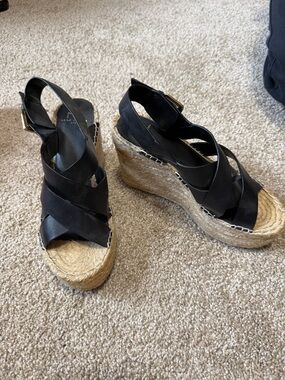 Marc Fisher Black Leather Crisscross Espadrille Wedges